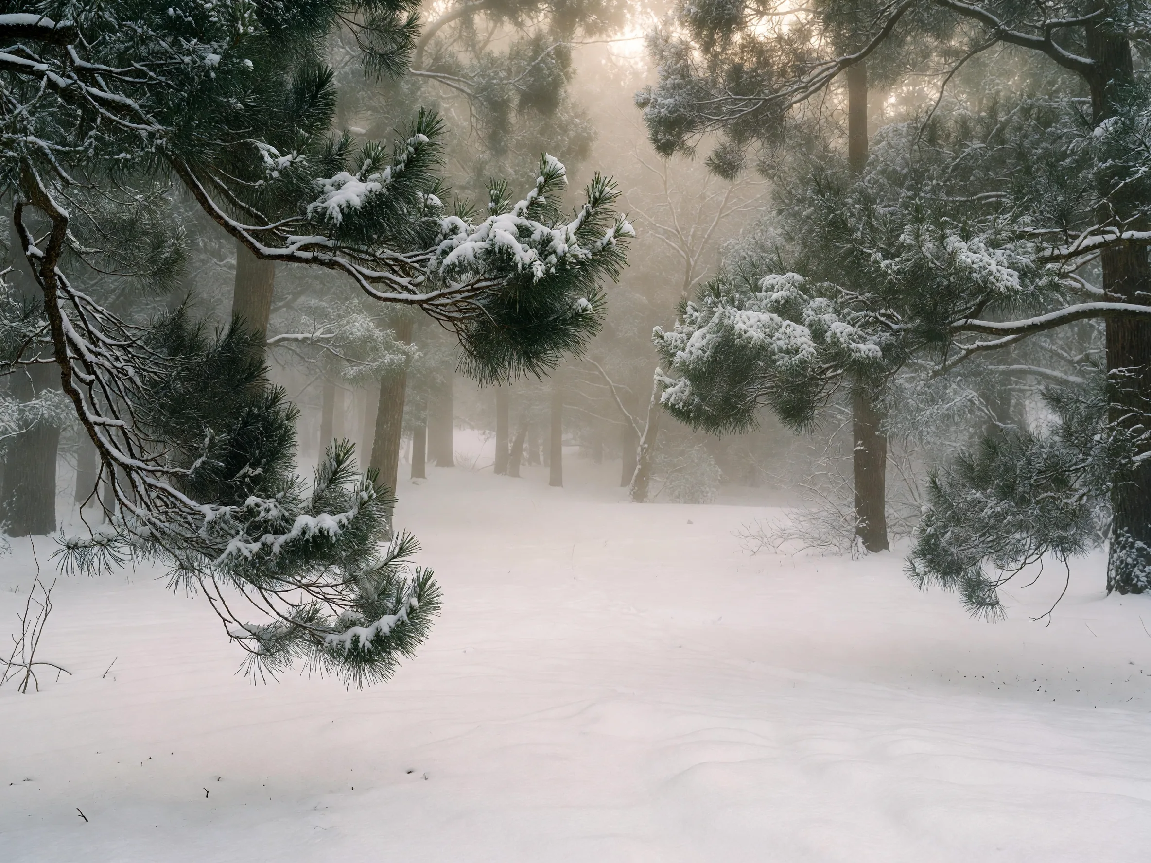 冬の雪の杉林